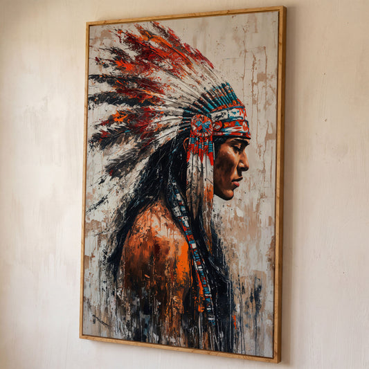 Native American Warrior Canvas with Tribal Headdress shown in white oak floating frame