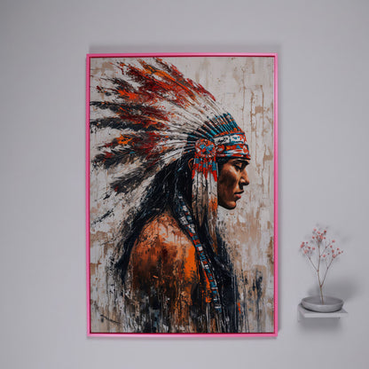 Native American Warrior Canvas with Tribal Headdress in pink floating frame