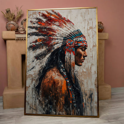 Native American Warrior Canvas with Tribal Headdress in rose gold floating frame