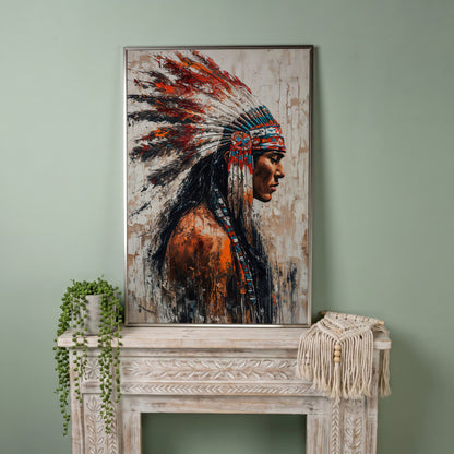 Native American Warrior Canvas with Tribal Headdress in silver floating frame