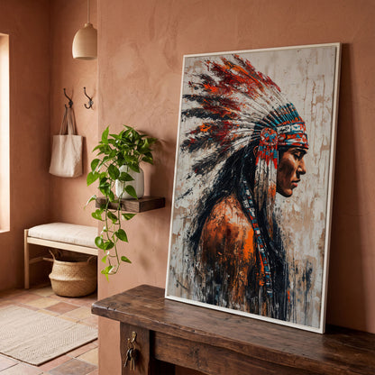 Native American Warrior Canvas with Tribal Headdress in white floating frame