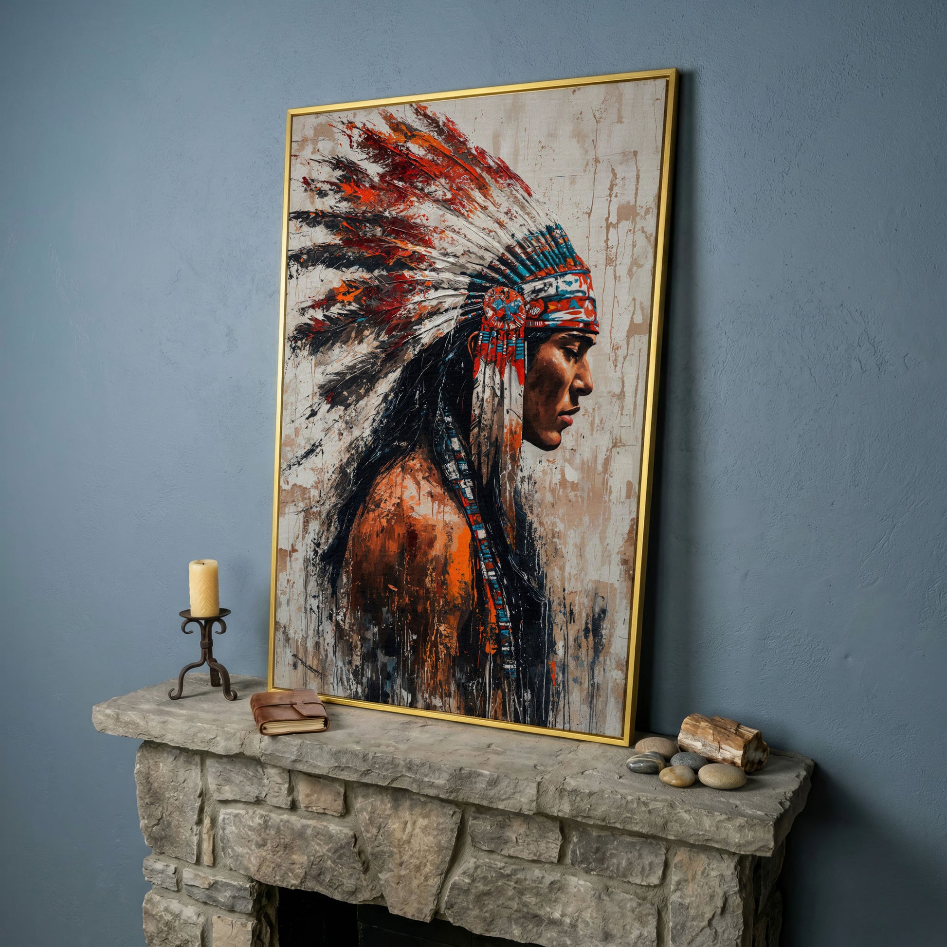Native American Warrior Canvas with Tribal Headdress in yellow gold floating frame