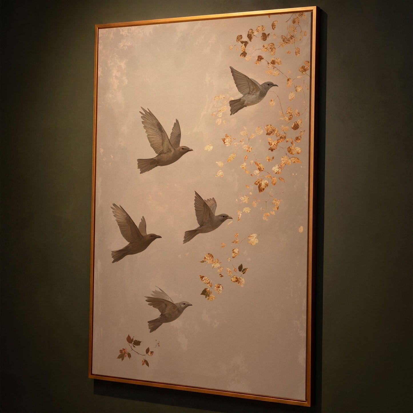 Birds in Flight Japanese-Style Canvas shown in antique gold floating frame
