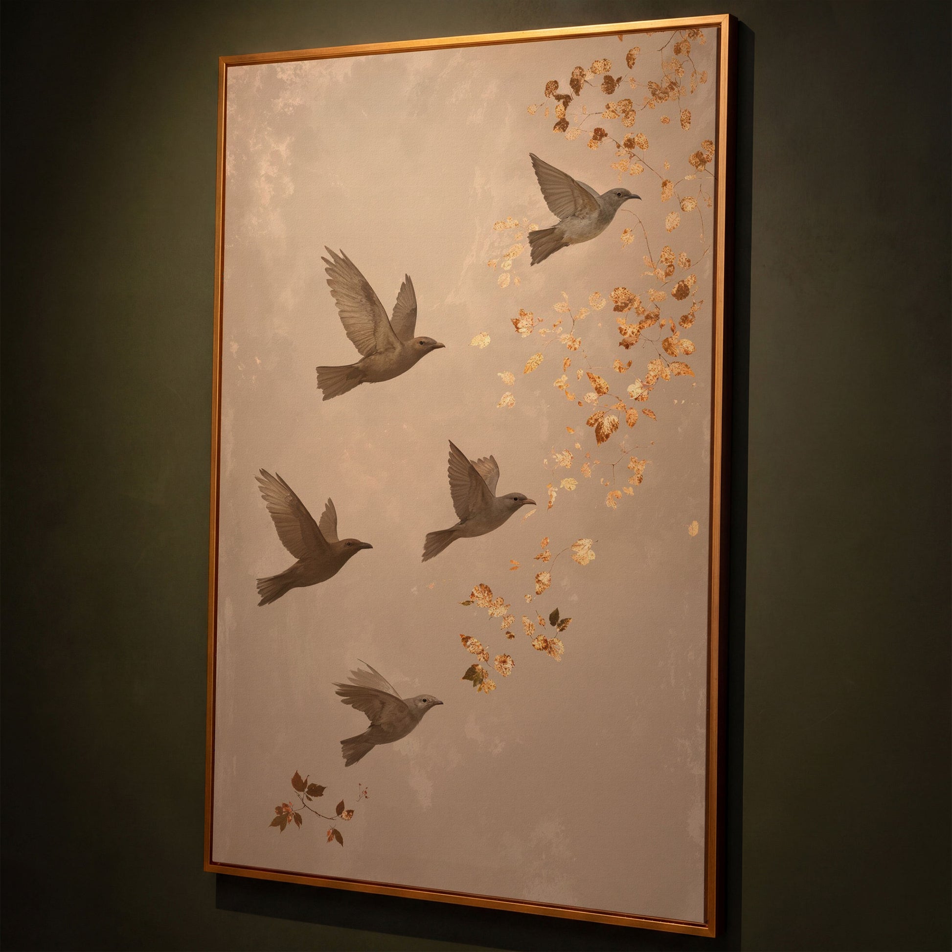 Birds in Flight Japanese-Style Canvas shown in antique gold floating frame