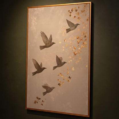 Birds in Flight Japanese-Style Canvas shown in antique gold floating frame