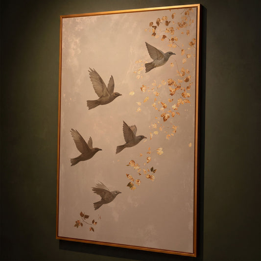 Birds in Flight Japanese-Style Canvas shown in antique gold floating frame