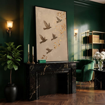 Birds in Flight Japanese-Style Canvas in black floating frame