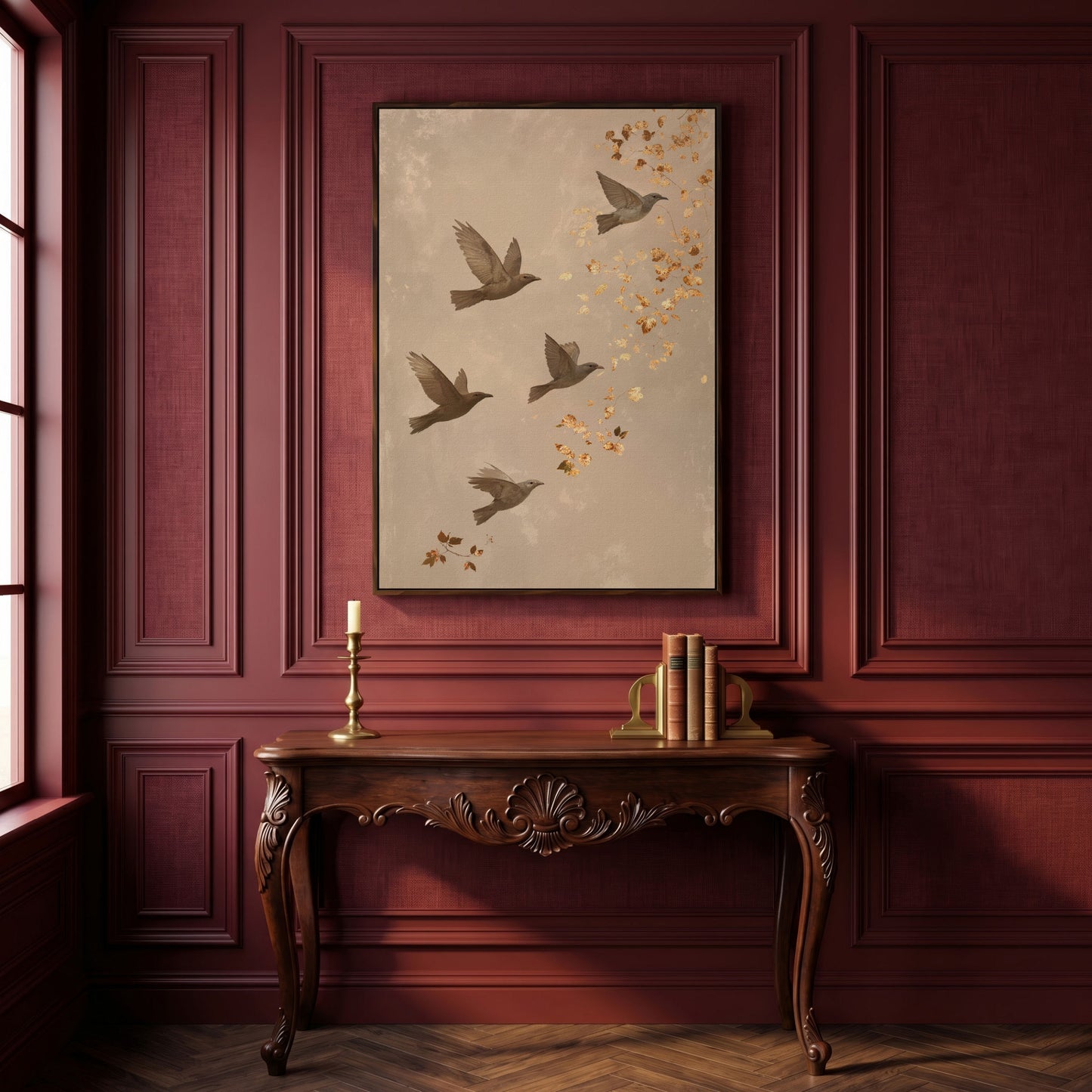 Birds in Flight Japanese-Style Canvas in dark walnut floating frame