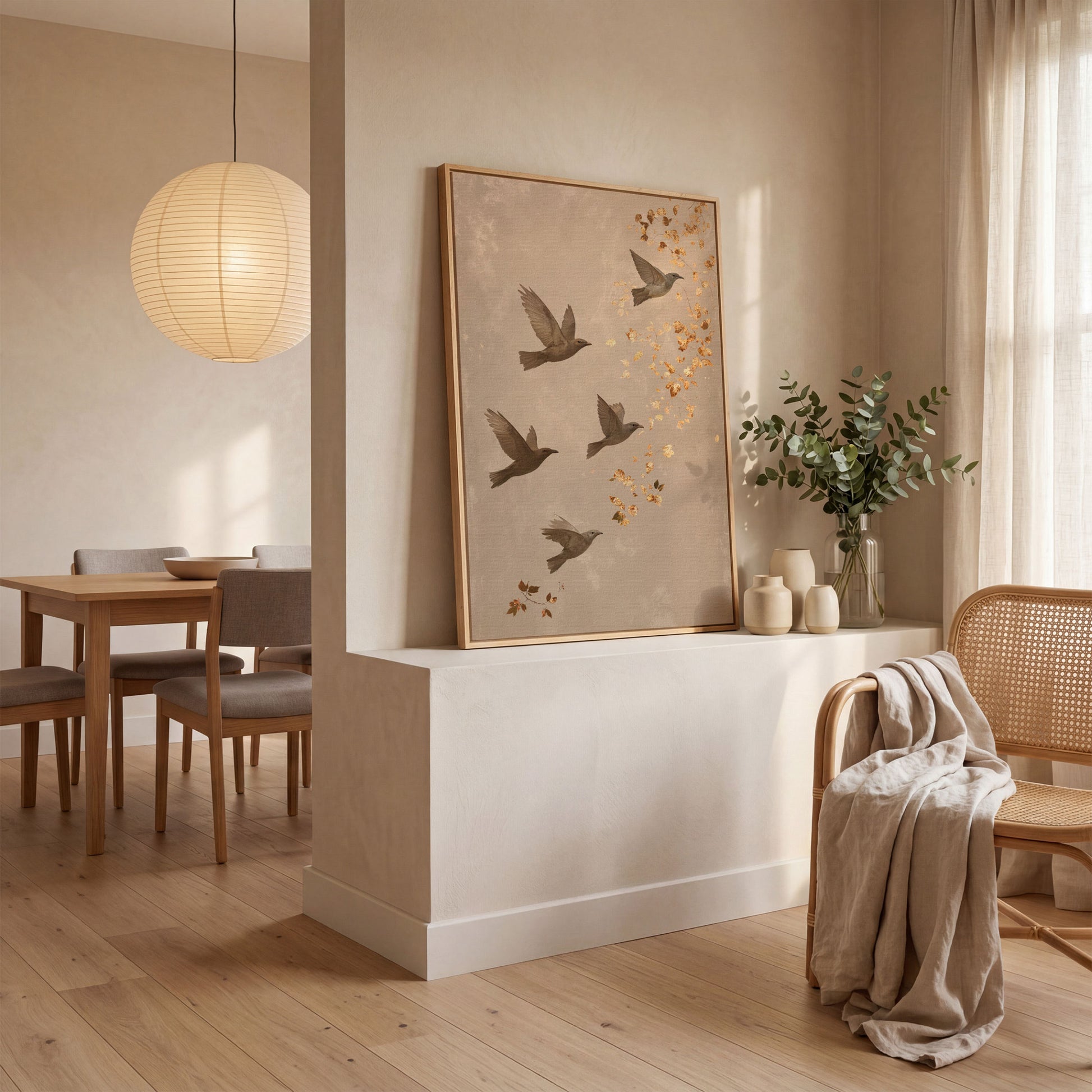 Birds in Flight Japanese-Style Canvas in white oak floating frame