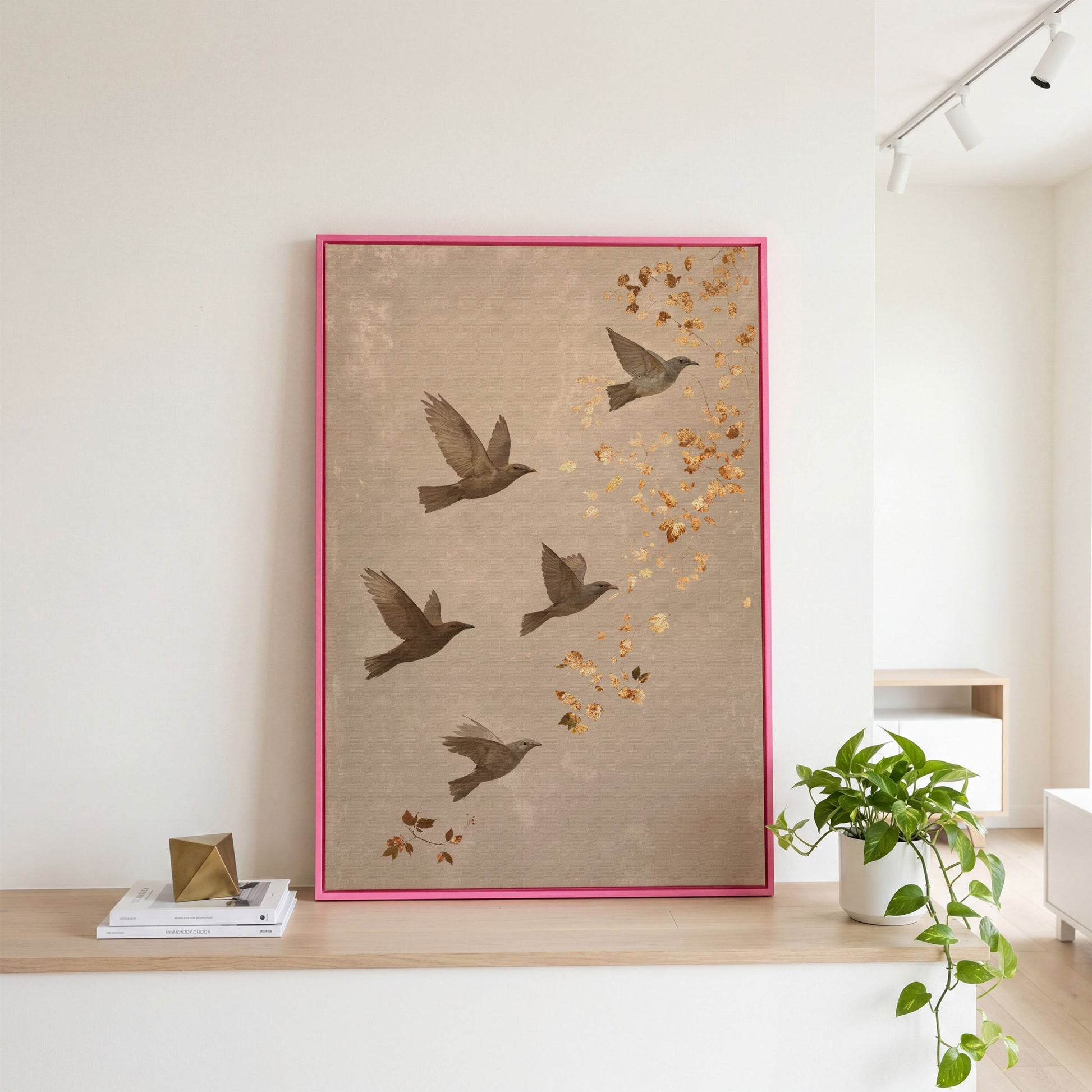 Birds in Flight Japanese-Style Canvas in pink floating frame