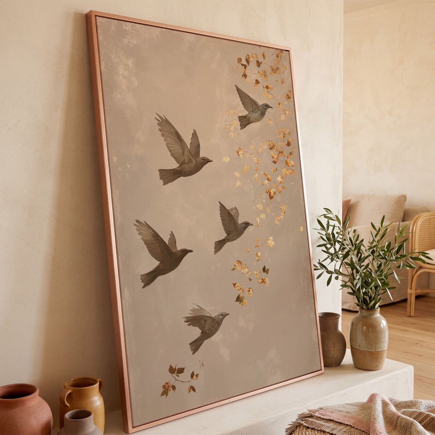 Birds in Flight Japanese-Style Canvas in rose gold floating frame