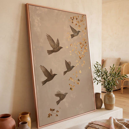Birds in Flight Japanese-Style Canvas in rose gold floating frame