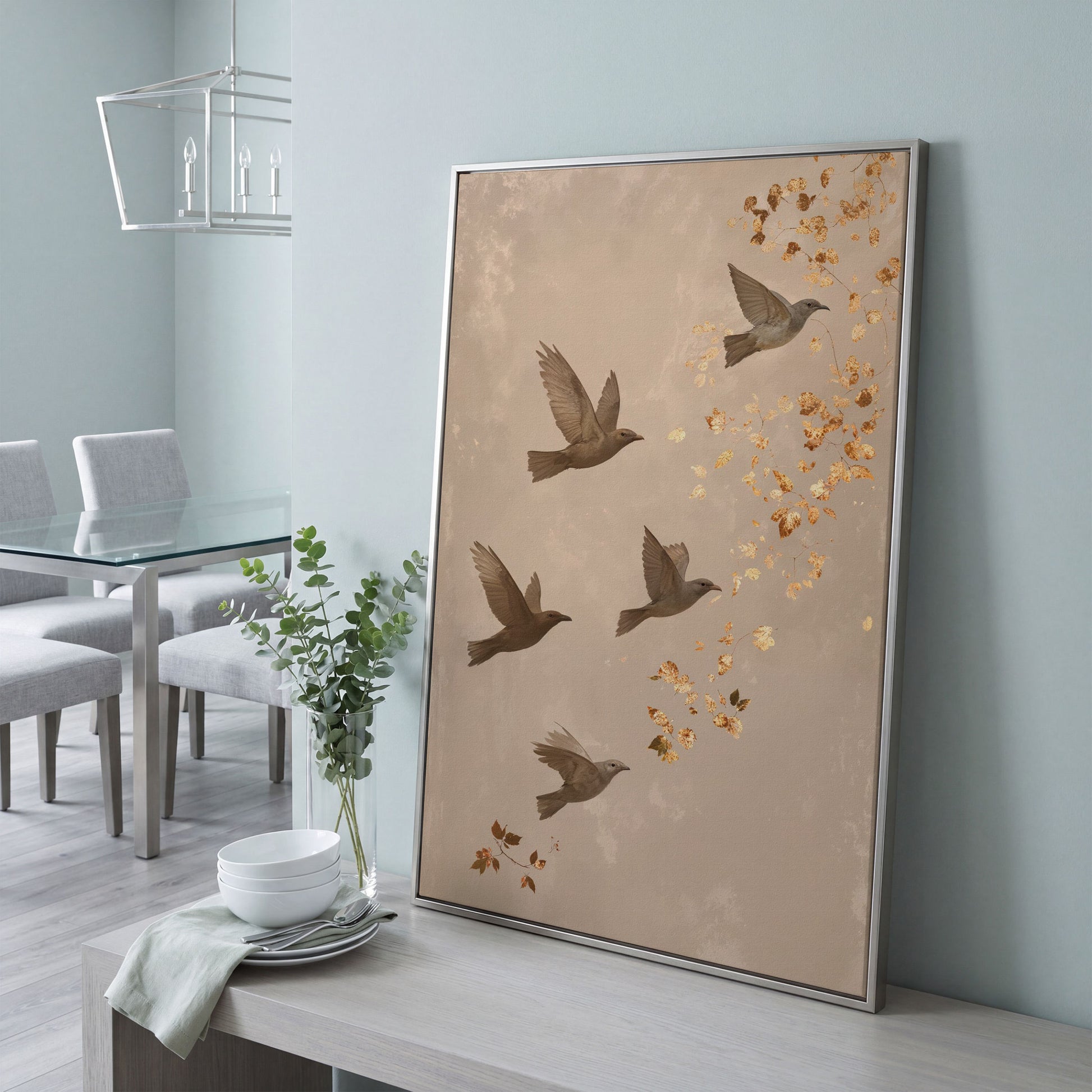 Birds in Flight Japanese-Style Canvas in silver floating frame