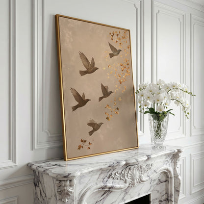 Birds in Flight Japanese-Style Canvas in yellow gold floating frame