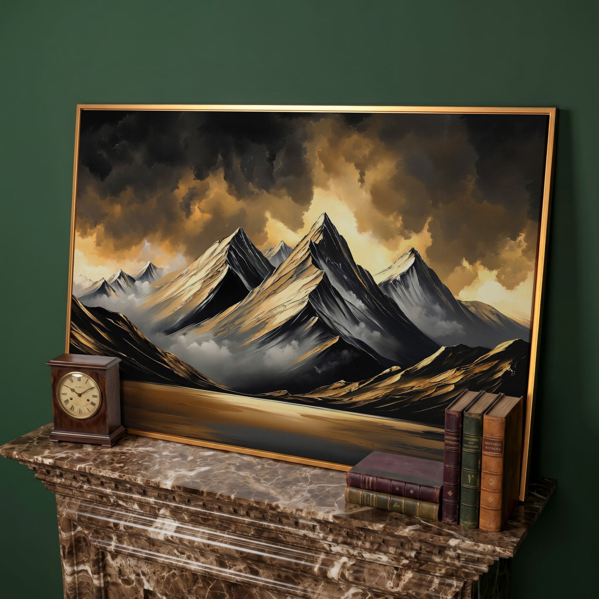 Gold and Black Mountain Canvas Print in antique gold floating frame