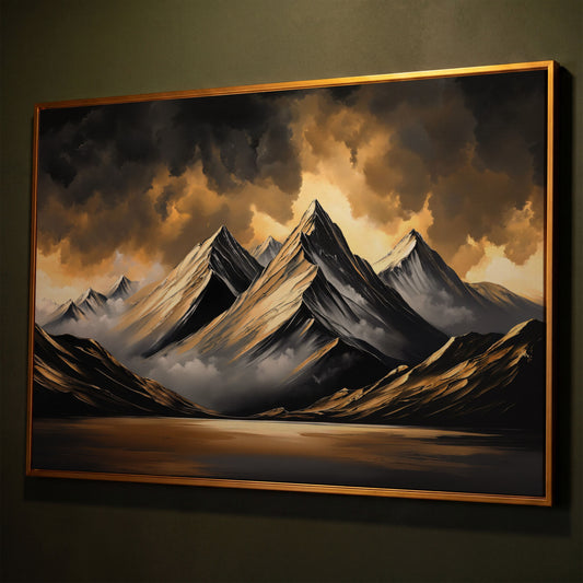 Gold and Black Mountain Canvas Print shown in antique gold floating frame