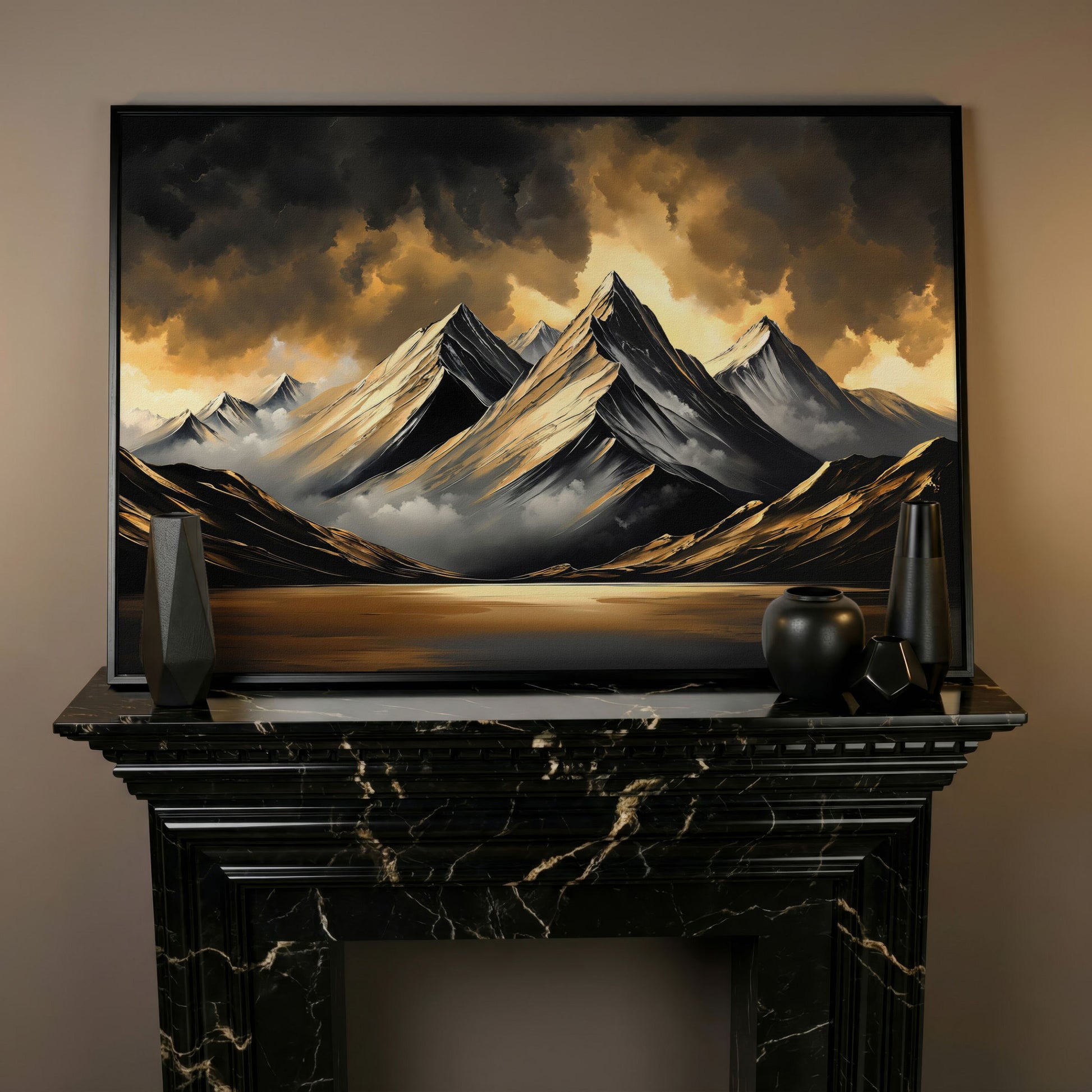Gold and Black Mountain Canvas Print in black floating frame