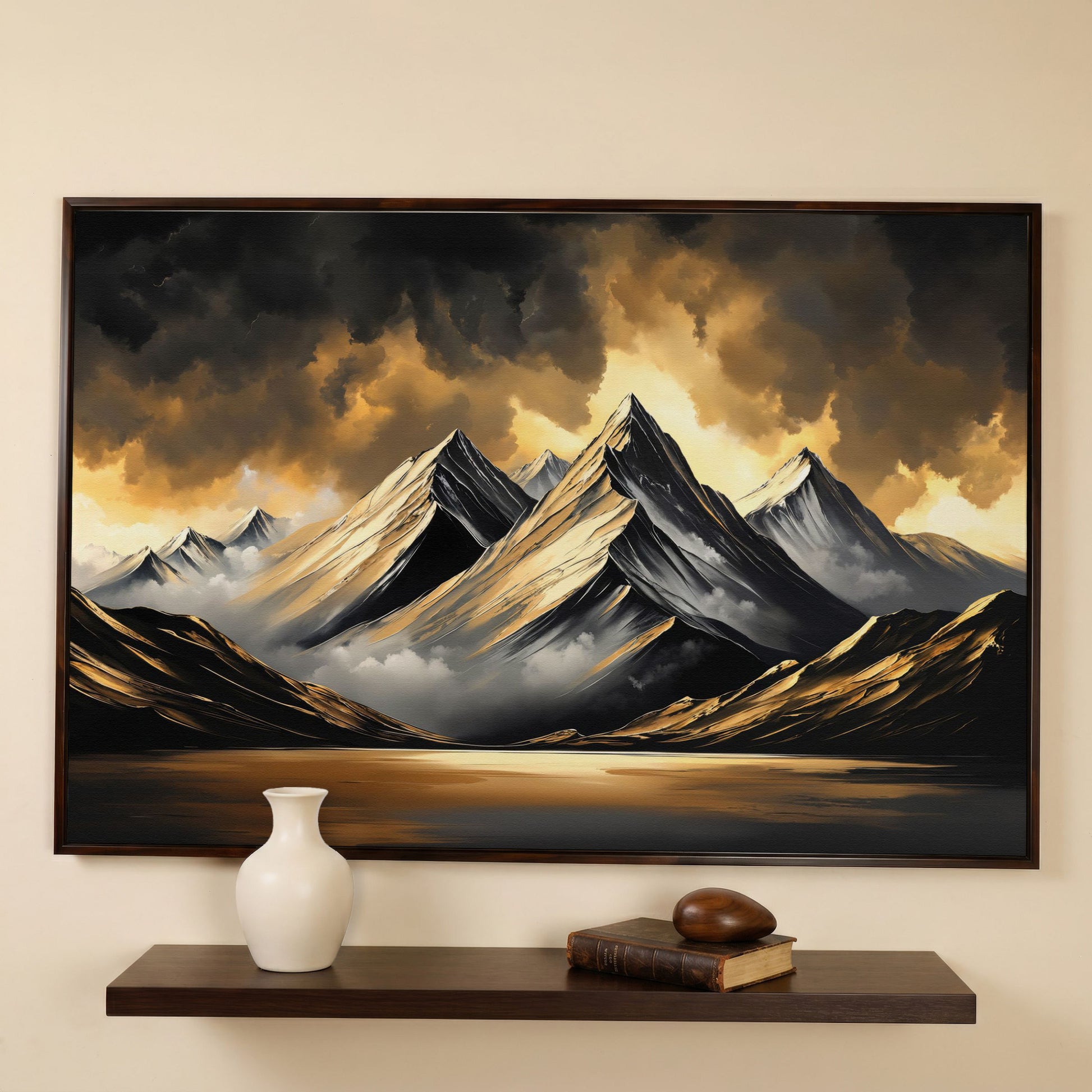 Gold and Black Mountain Canvas Print in dark walnut floating frame