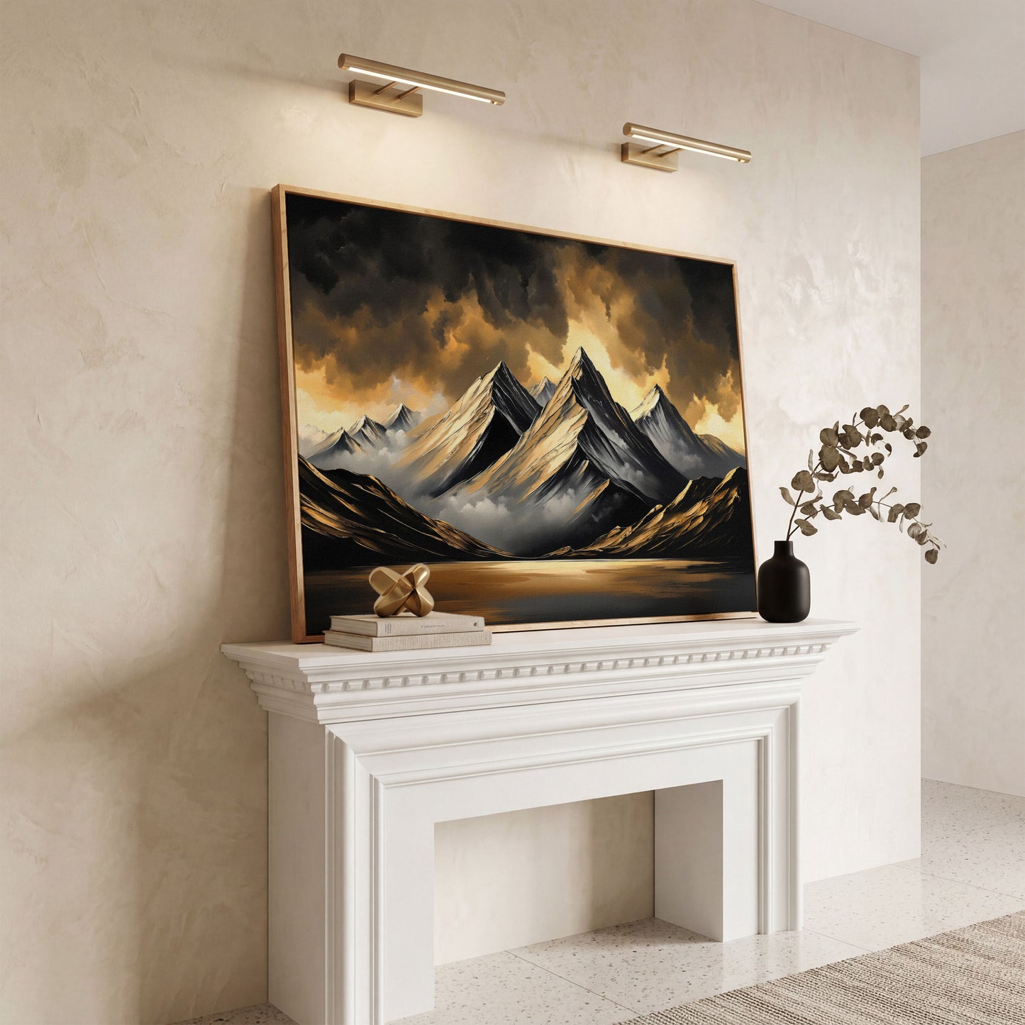 Gold and Black Mountain Canvas Print in white oak floating frame