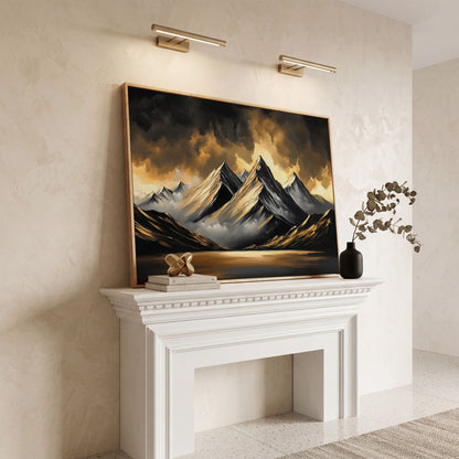 Gold and Black Mountain Canvas Print in white oak floating frame