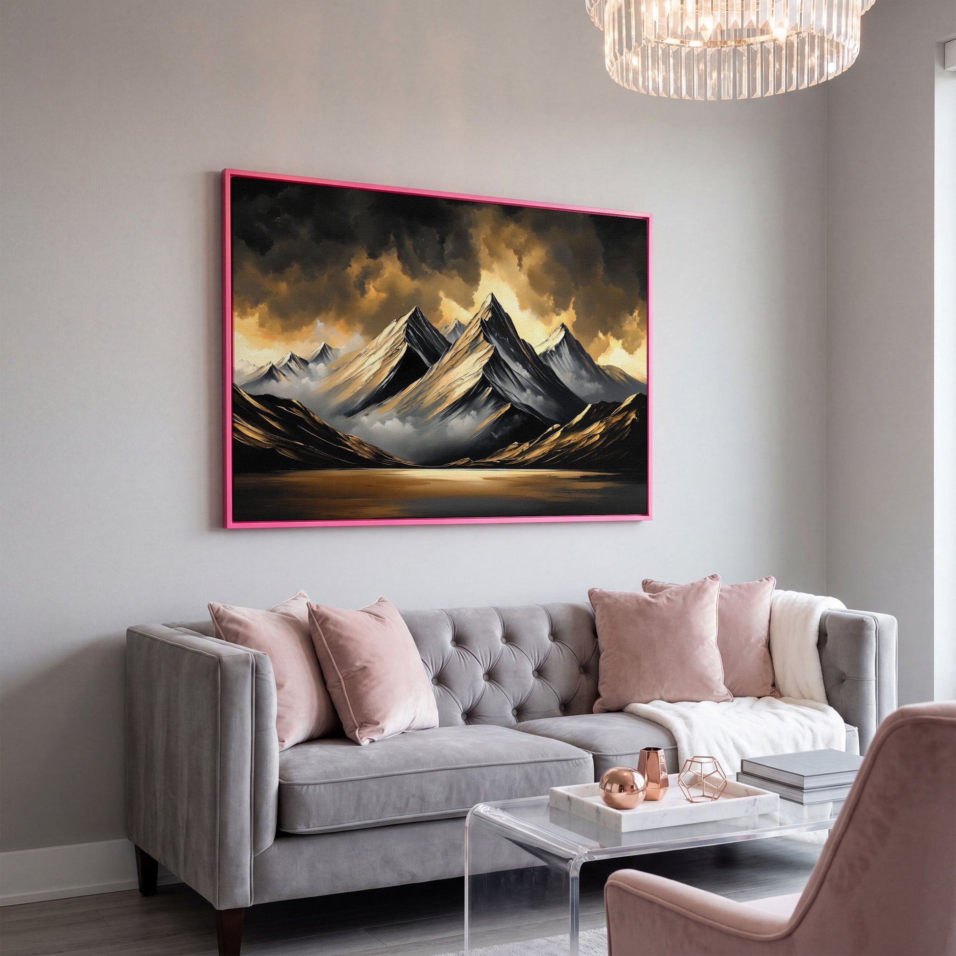Gold and Black Mountain Canvas Print in pink floating frame