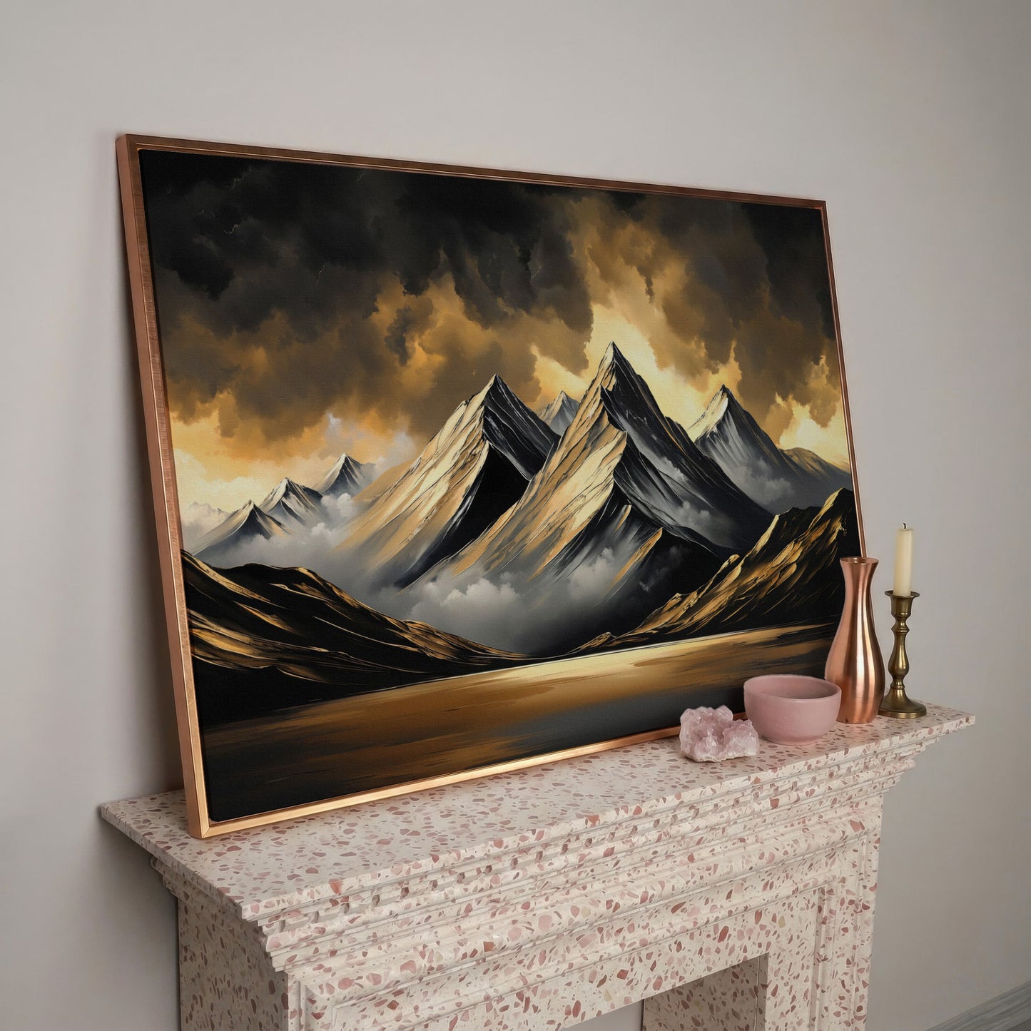 Gold and Black Mountain Canvas Print in rose gold floating frame