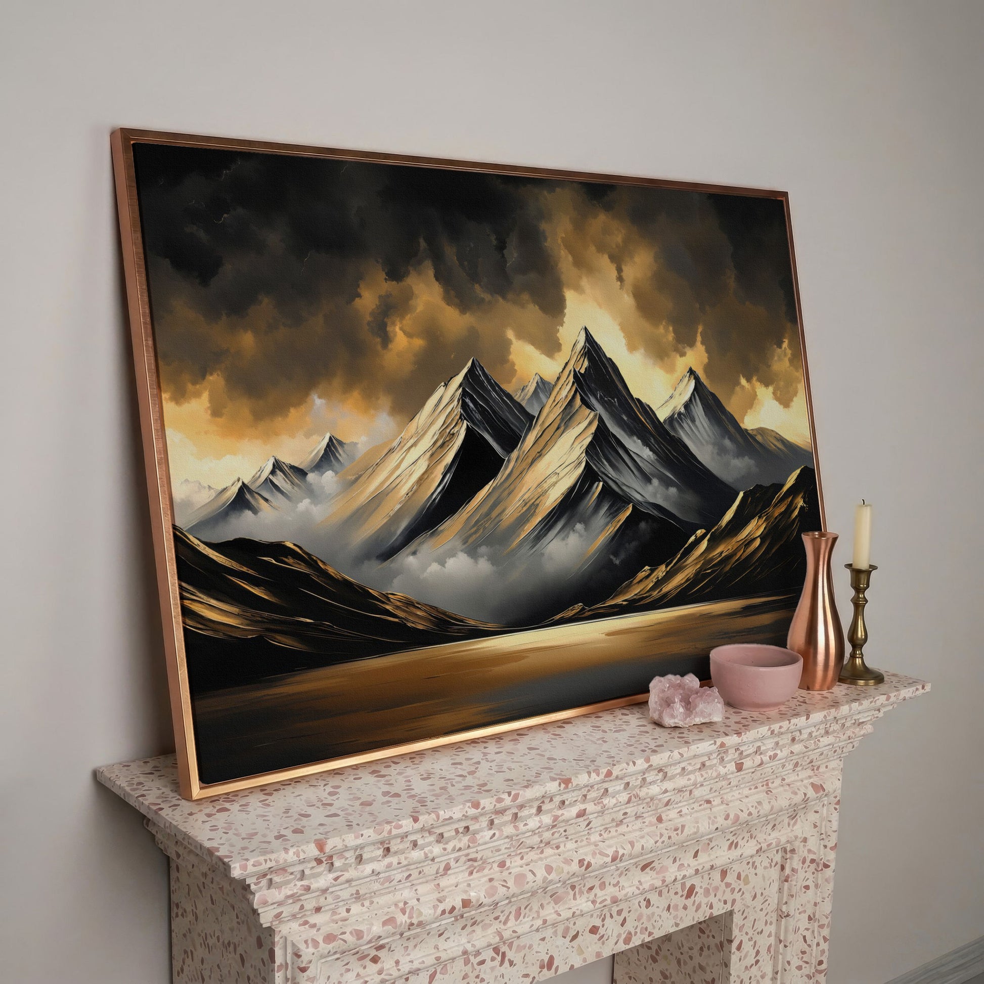 Gold and Black Mountain Canvas Print in rose gold floating frame