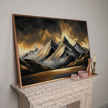 Gold and Black Mountain Canvas Print in rose gold floating frame