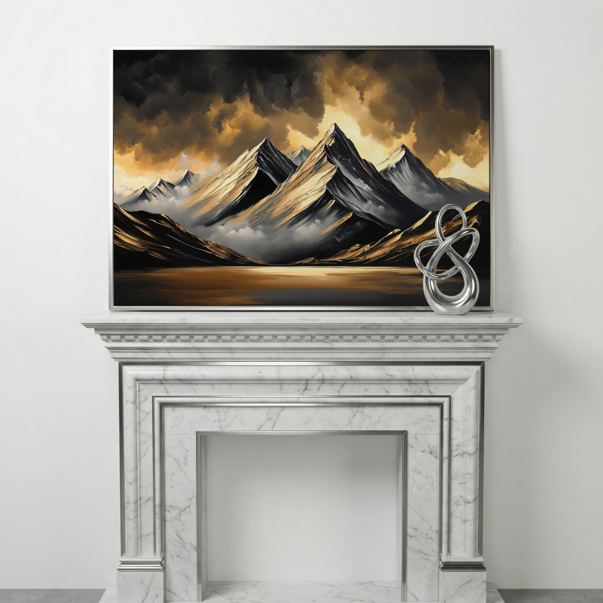 Gold and Black Mountain Canvas Print in silver floating frame