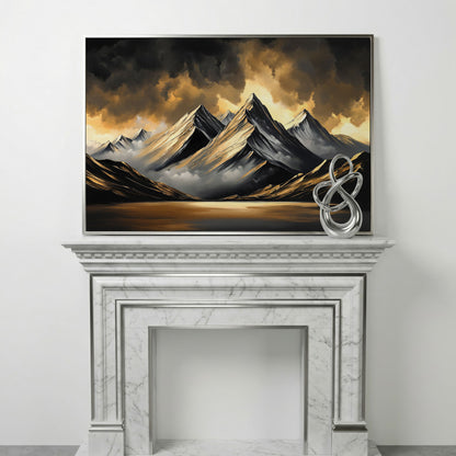 Gold and Black Mountain Canvas Print in silver floating frame