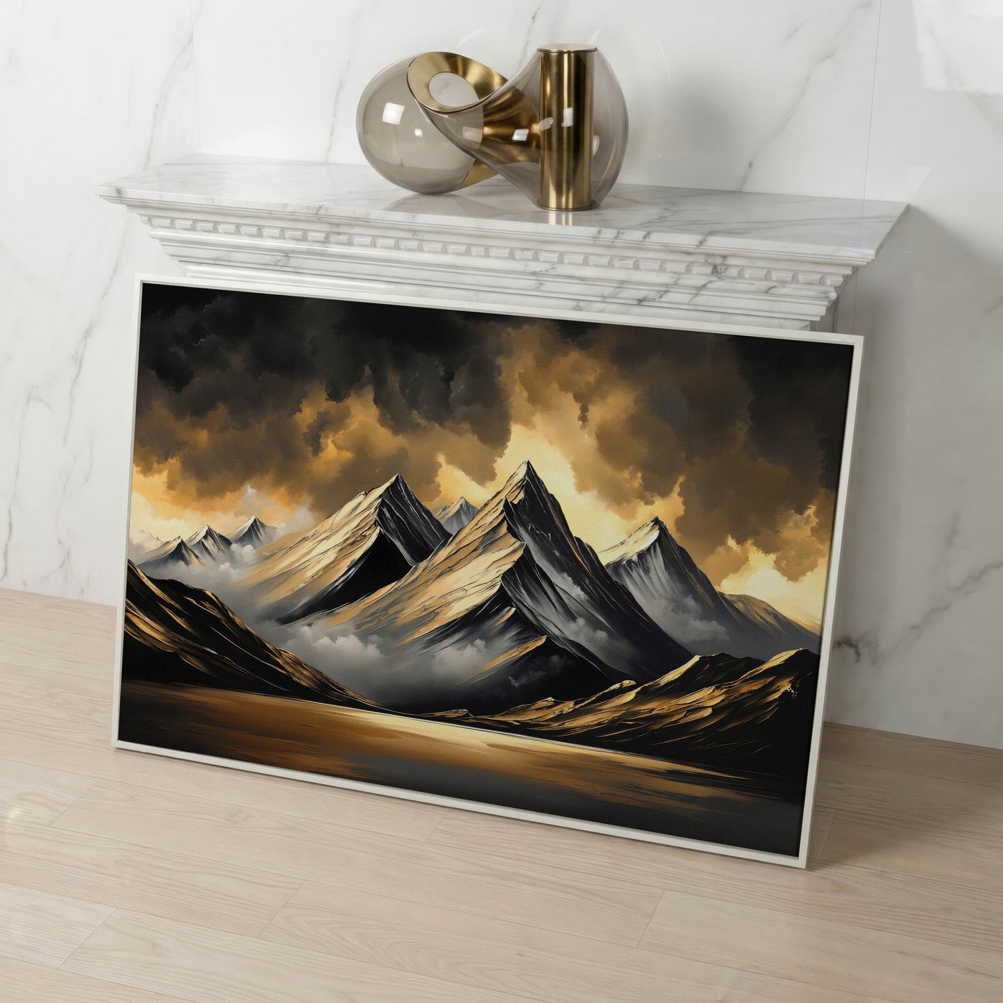 Gold and Black Mountain Canvas Print in white floating frame