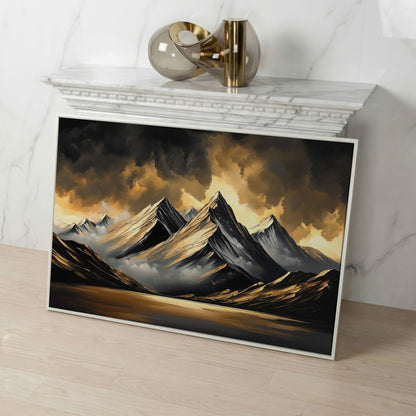 Gold and Black Mountain Canvas Print in white floating frame