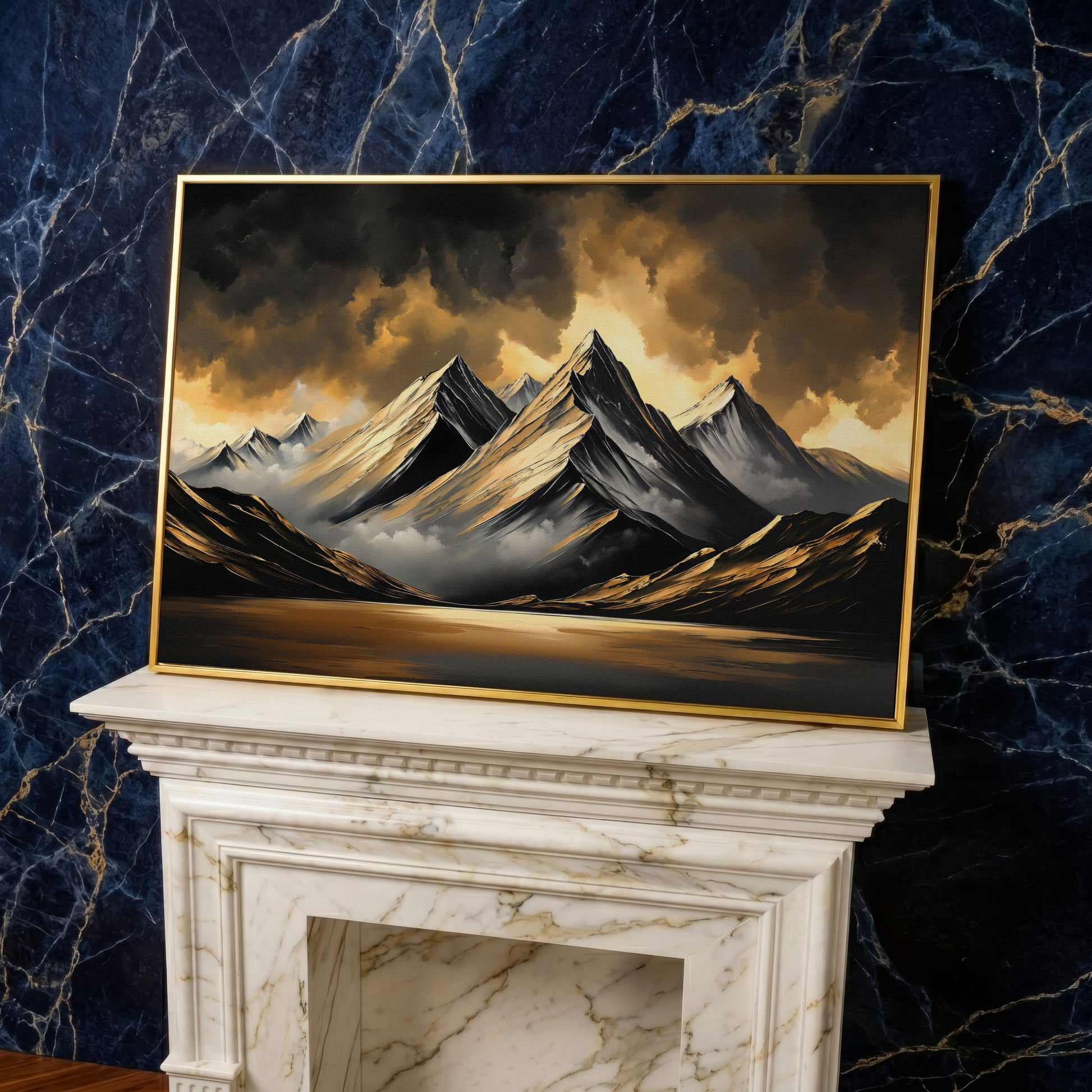 Gold and Black Mountain Canvas Print in yellow gold floating frame