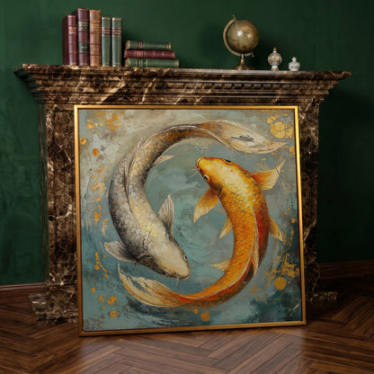 Yin Yang Koi Canvas Print in antique gold floating frame