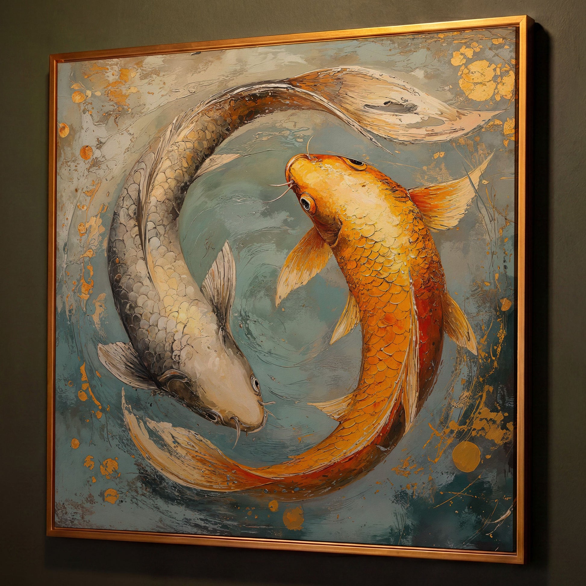 Yin Yang Koi Canvas Print shown in antique gold floating frame