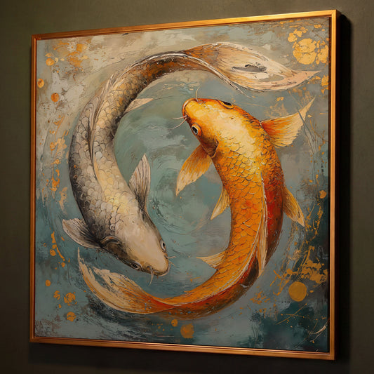 Yin Yang Koi Canvas Print shown in antique gold floating frame