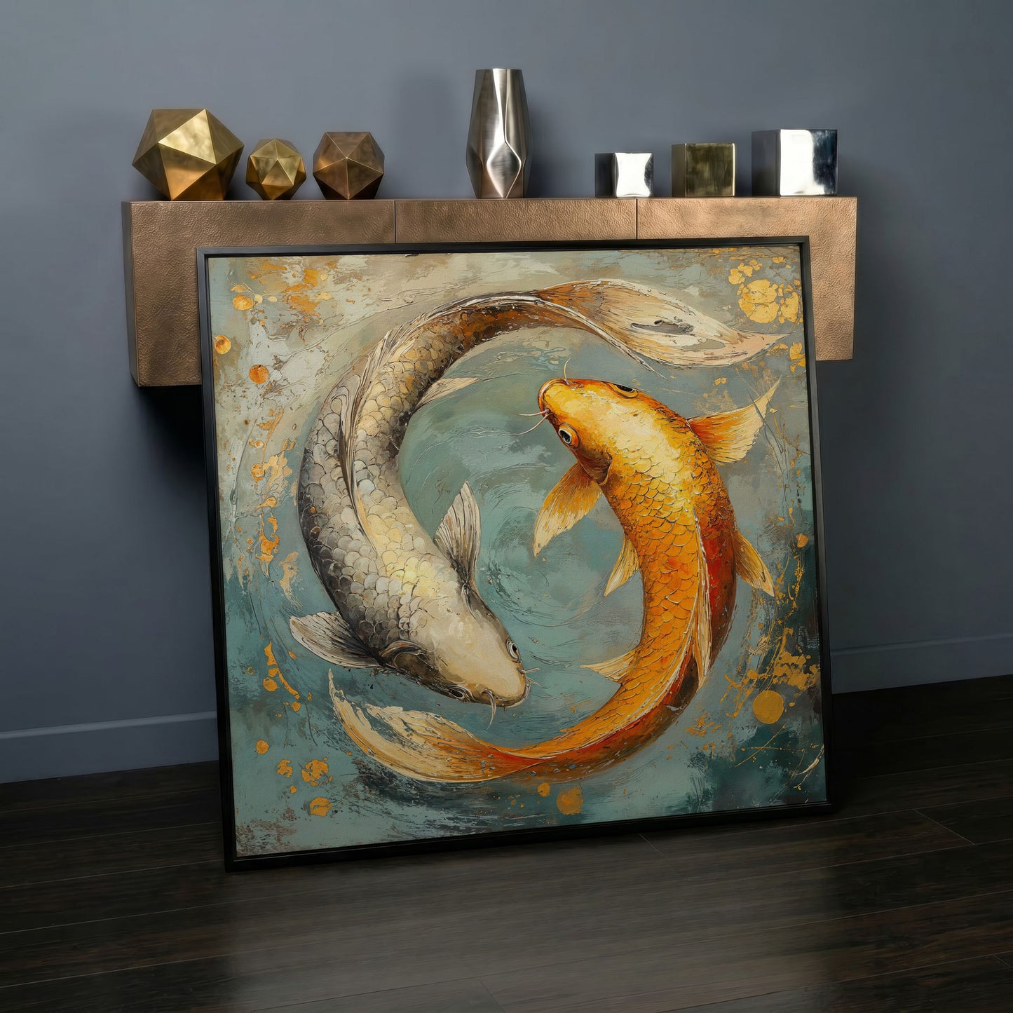 Yin Yang Koi Canvas Print in black floating frame