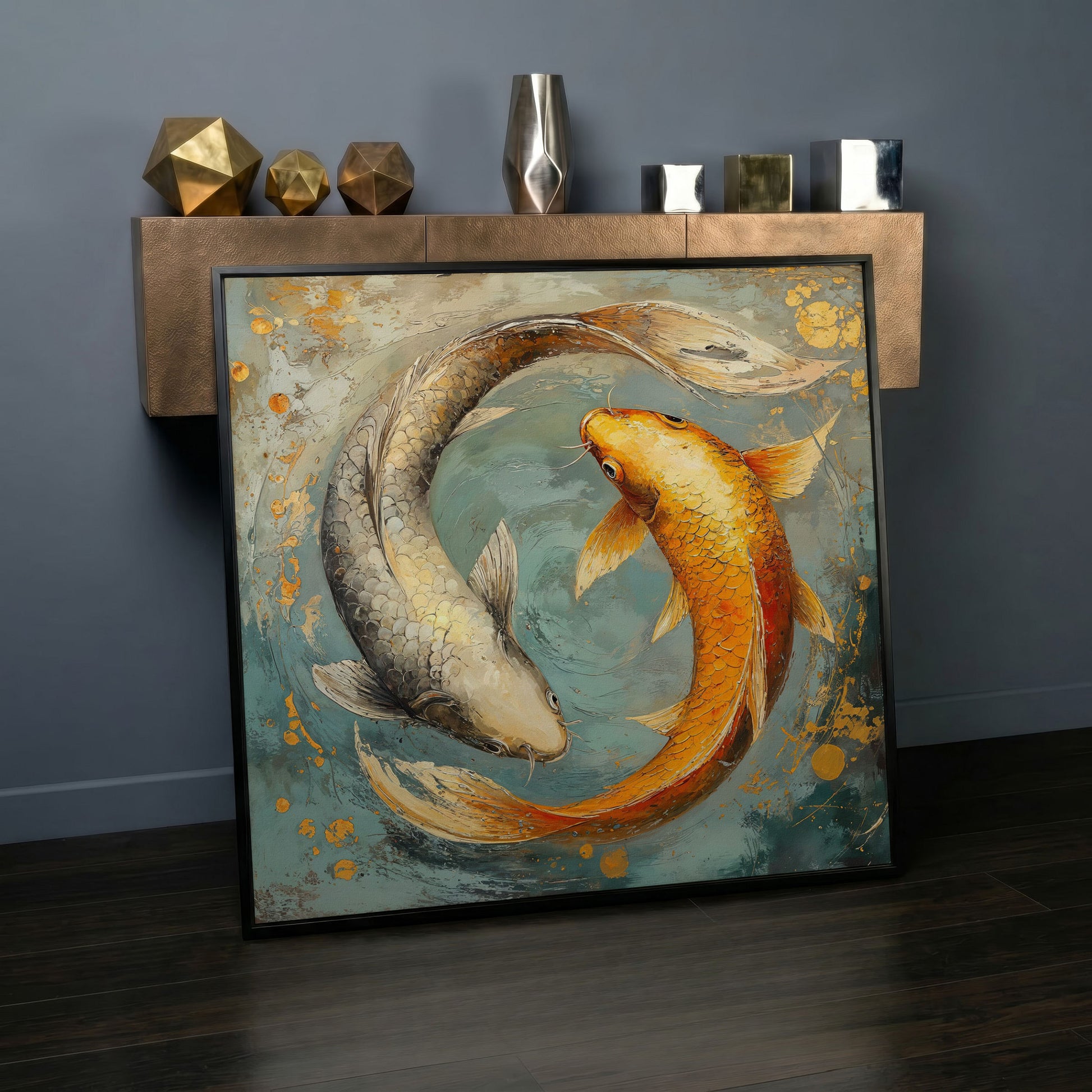 Yin Yang Koi Canvas Print in black floating frame