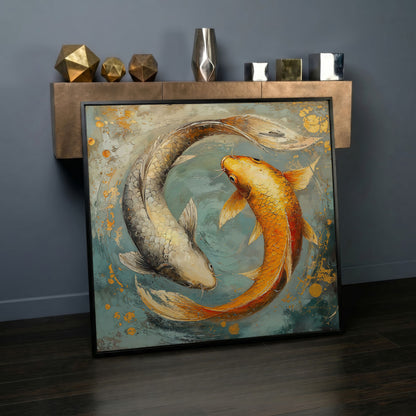 Yin Yang Koi Canvas Print in black floating frame