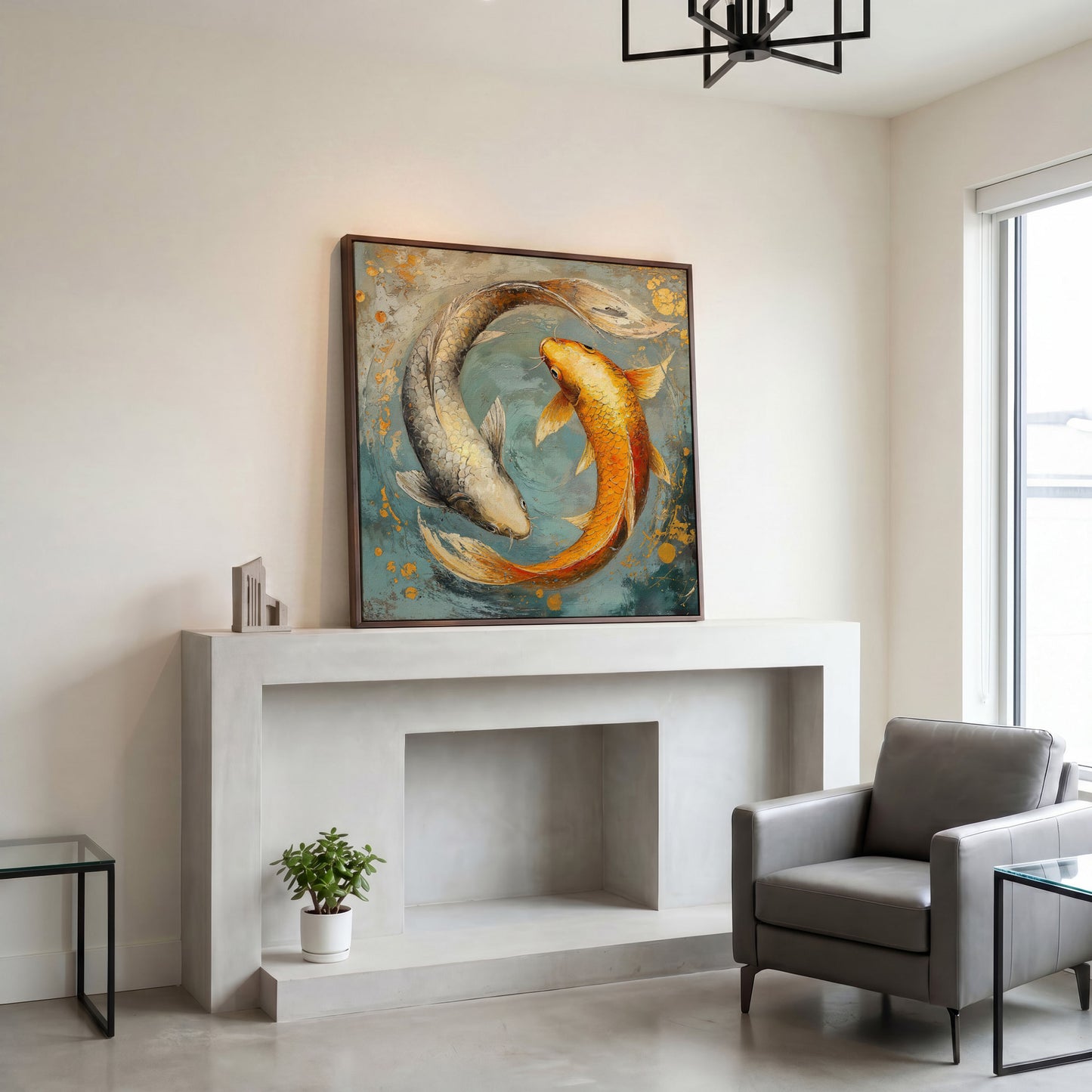Yin Yang Koi Canvas Print in dark walnut floating frame