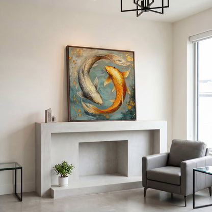Yin Yang Koi Canvas Print in dark walnut floating frame