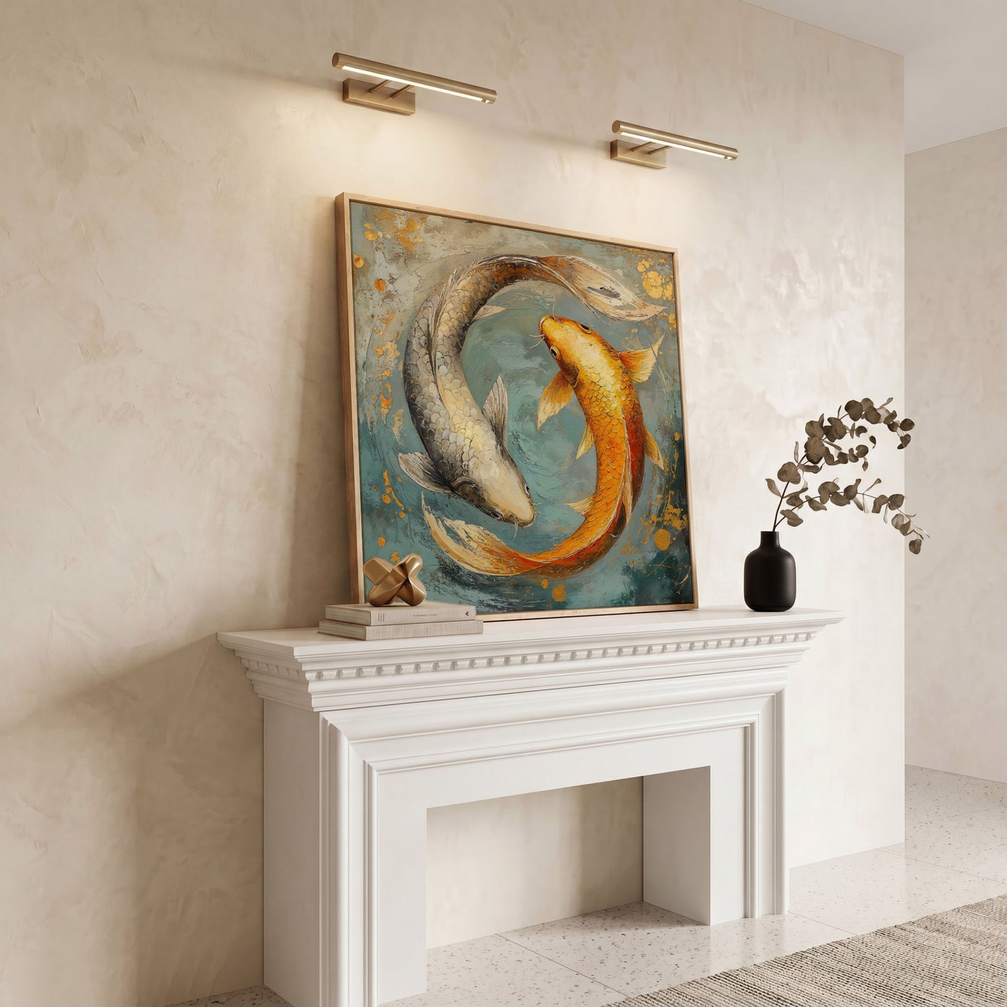 Yin Yang Koi Canvas Print in white oak floating frame
