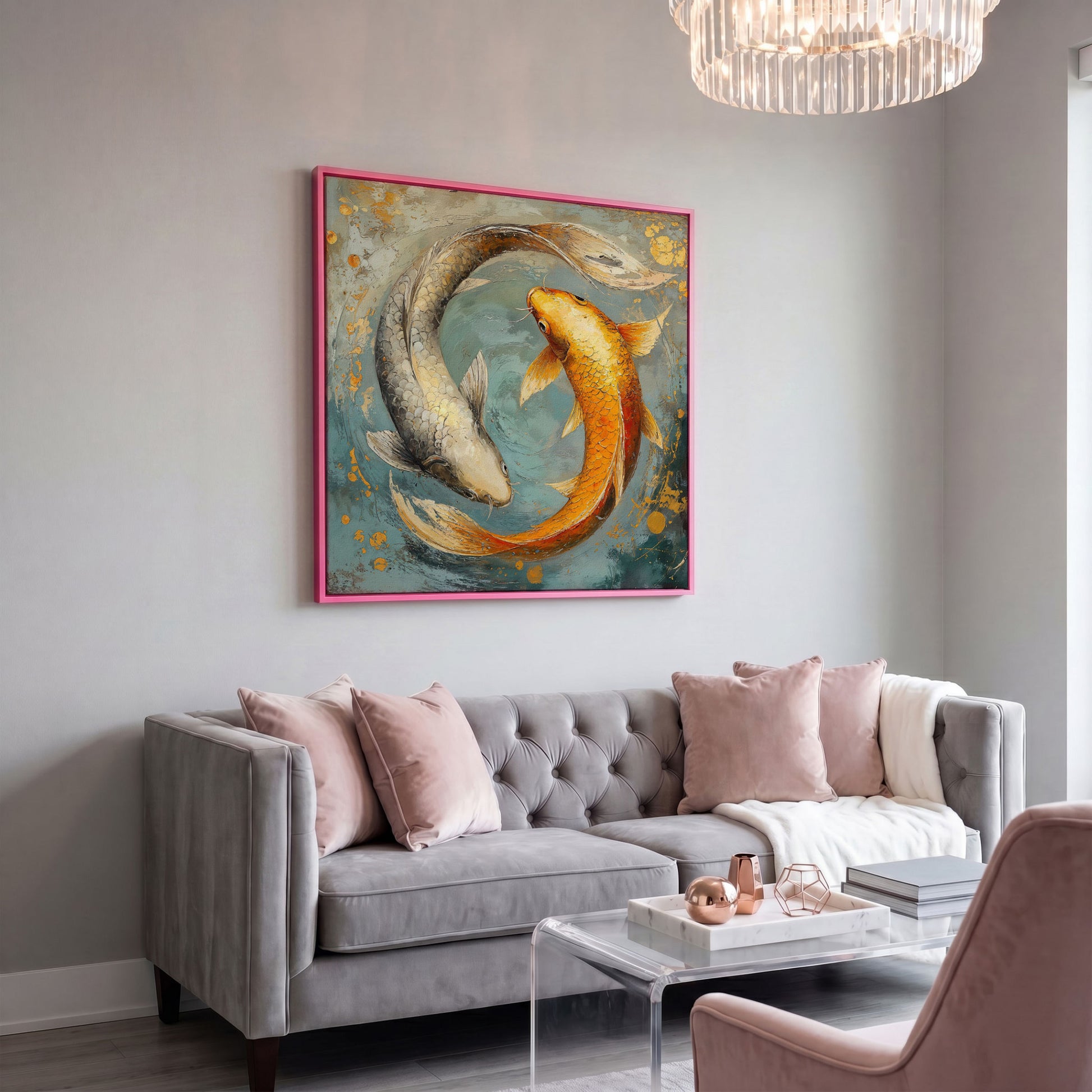 Yin Yang Koi Canvas Print in pink floating frame