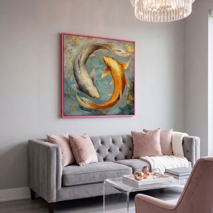 Yin Yang Koi Canvas Print in pink floating frame
