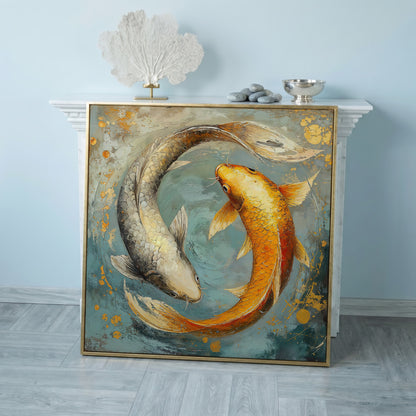 Yin Yang Koi Canvas Print in rose gold floating frame