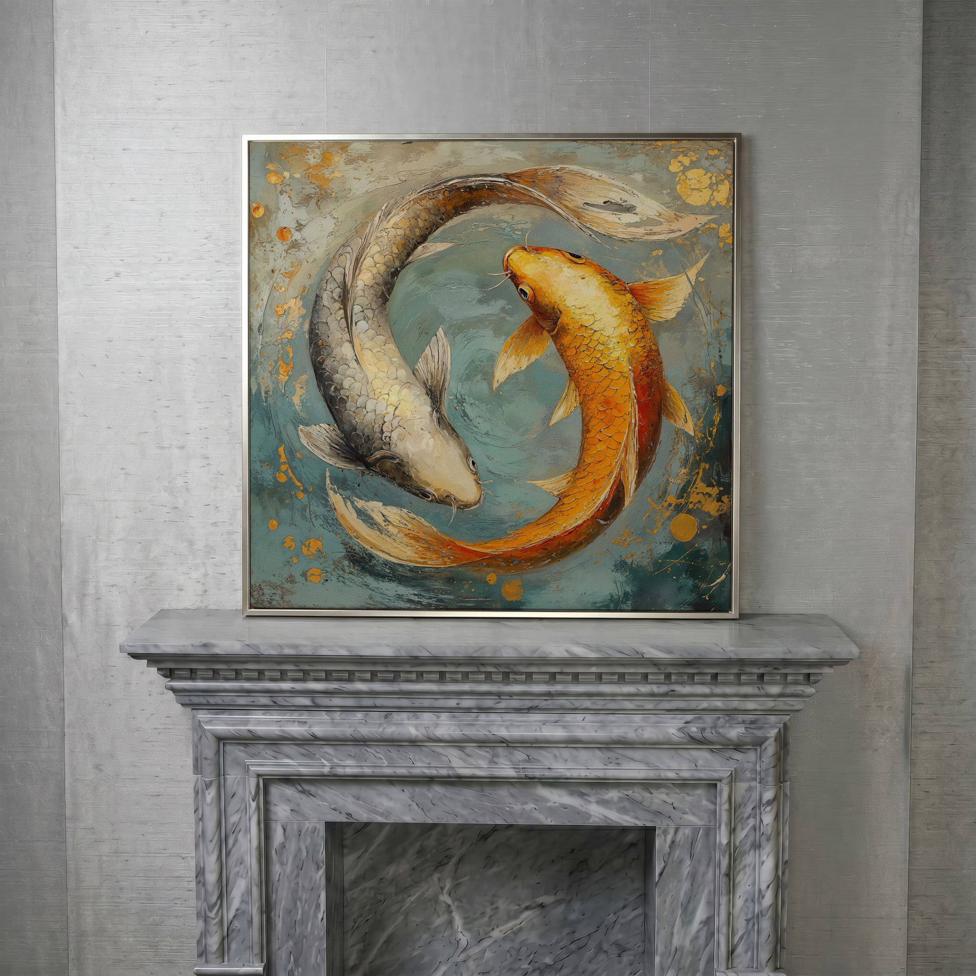 Yin Yang Koi Canvas Print in silver floating frame