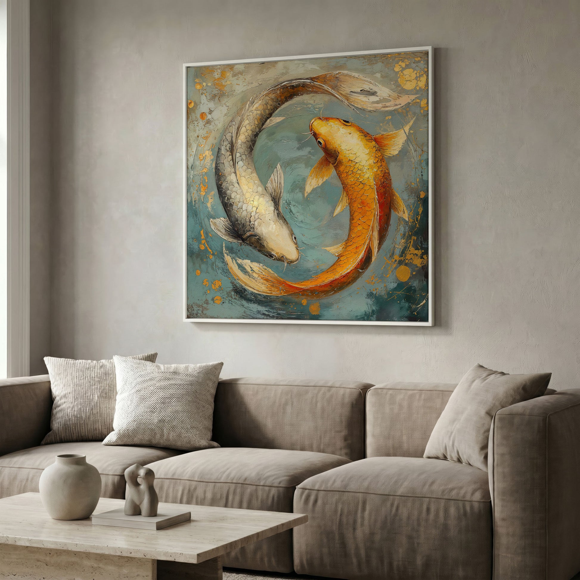 Yin Yang Koi Canvas Print in white floating frame