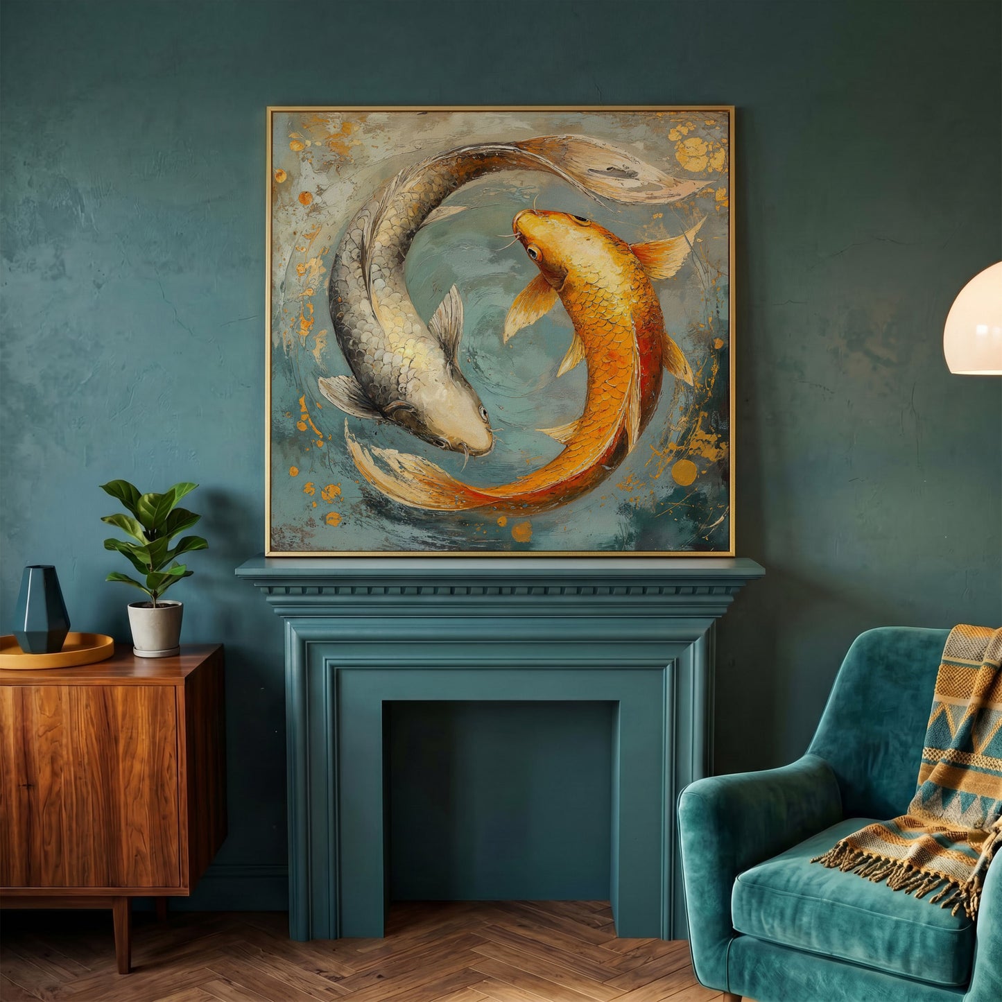 Yin Yang Koi Canvas Print in yellow gold floating frame