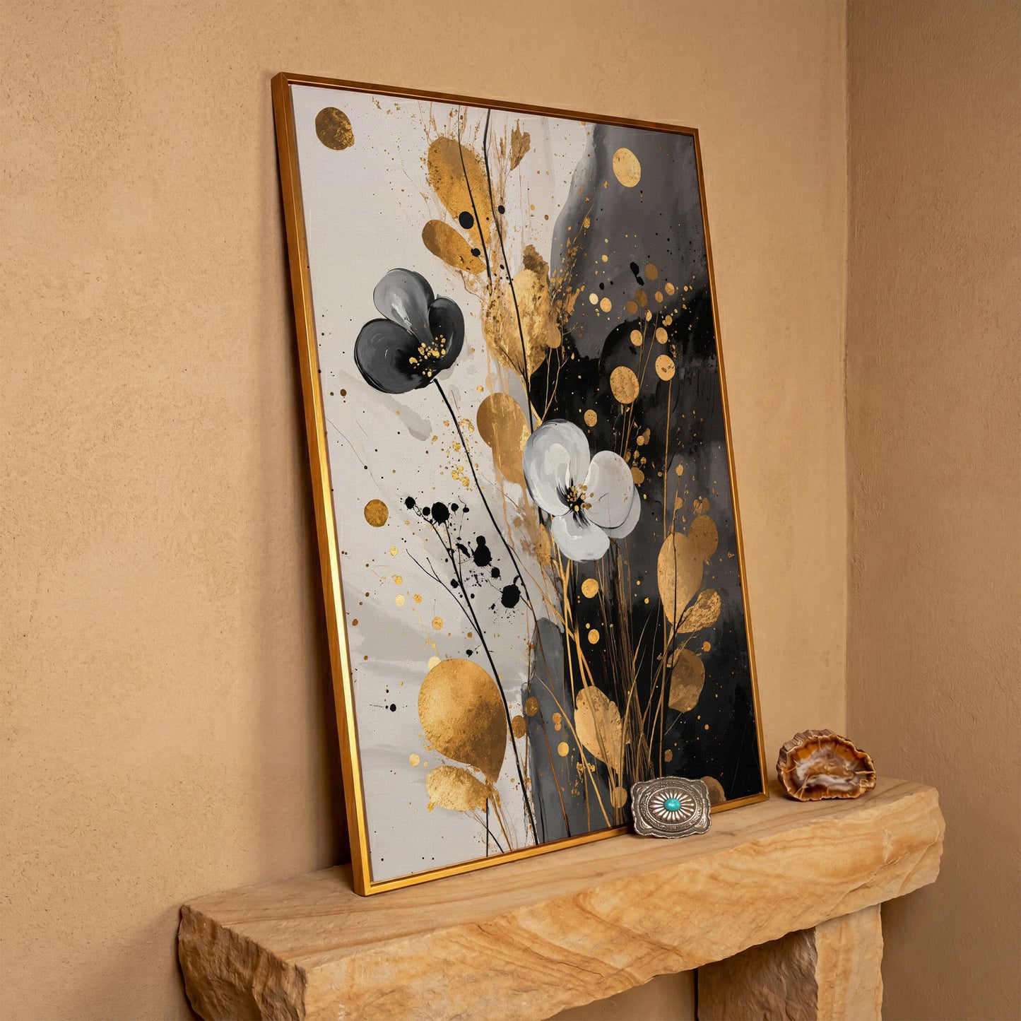 Abstract Floral Canvas with Gold Accents in antique gold floating frame