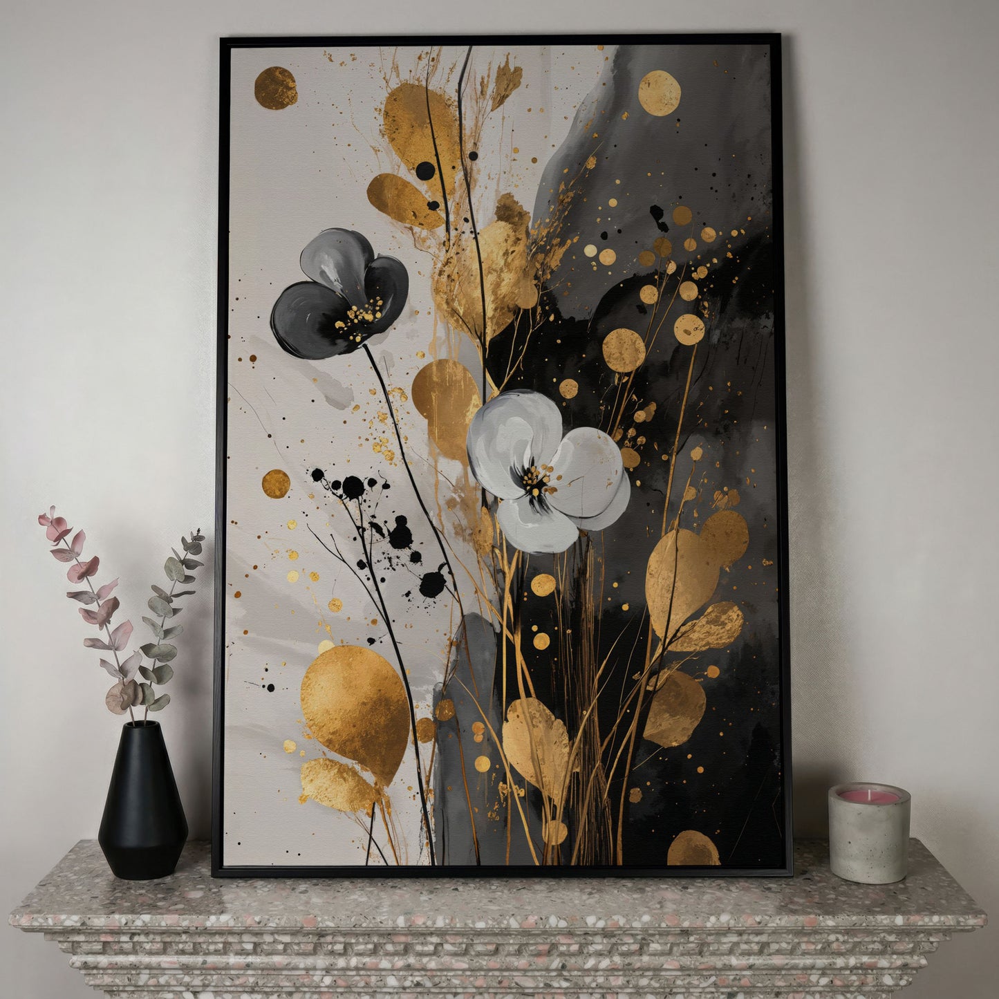 Abstract Floral Canvas with Gold Accents in black floating frame